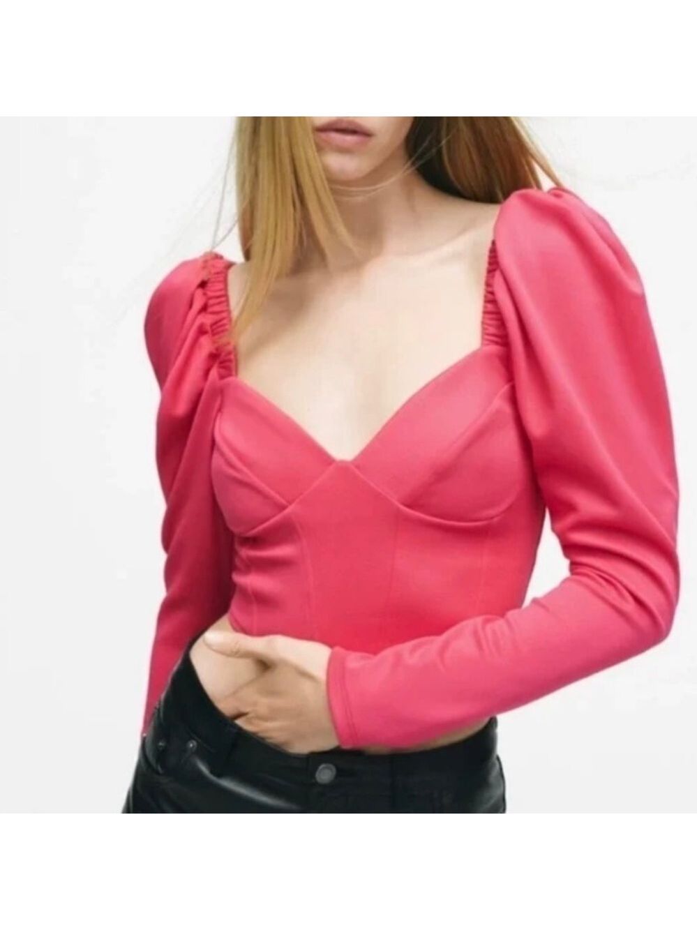 Zara Long Puff Sleeve Sweetheart Neck Puff Shoulder Crop Top in Pink